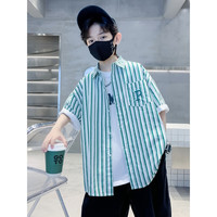 THINKPIRE儿童短袖衬衫男童夏装衣服2023帅气童装男童上衣薄款外套条纹衬衣 绿色 160码建议身高150CM