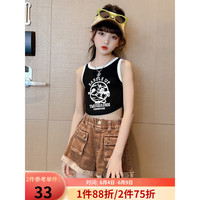 马可小熊童装女童t恤背心2023夏季新款中大童时尚小背心上衣无袖YKS137 黑色 140(建议身高135cm)