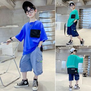 花菈猫童装男童套装夏装2023新款儿童夏季两件套中大童薄款短袖短裤学生 蓝色 130cm
