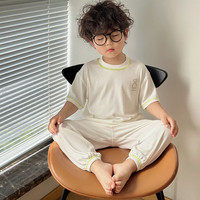 HELLOLUOBO儿童莫代尔睡衣夏季薄款短袖长裤男孩男童宝宝中大空调居家服套装 米白色  100cm