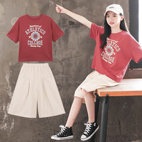 童心觅(TONGXINMI)童装女童夏装套装新款儿童洋气网红女孩夏季中大童时髦韩版两件套 酒红 120cm