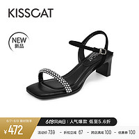 KISSCAT 接吻猫 2023夏季新款方头水钻粗跟鞋通勤轻熟御姐风一字带凉鞋女
