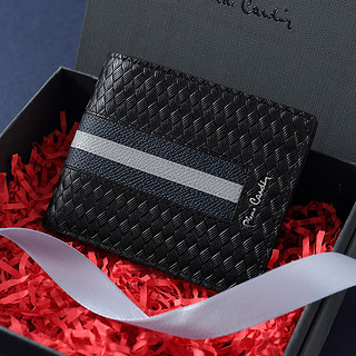 皮尔·卡丹 新款时尚编织纹撞色条纹男士短款票夹横款钱包