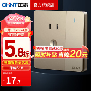 正泰（CHNT）开关插座 墙壁开关面板 斜五孔开关面板插座暗装USB插座 6C香槟金 一开单控五孔