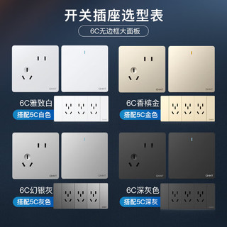 正泰（CHNT）开关插座 墙壁开关面板 斜五孔开关面板插座暗装USB插座 6C香槟金 一开单控五孔