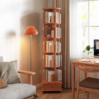 隆上隆旋转书架360度家用书柜实木落地可移动收纳置物架 六层圆形胡桃色
