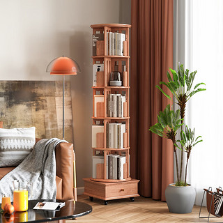 隆上隆旋转书架360度家用书柜实木落地可移动收纳置物架 六层圆形胡桃色