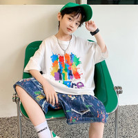 诺佳微淇儿童装男童夏装套装2023新款中大童夏季男孩帅气休闲运动衣服潮酷 白色 150码