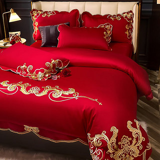 恒源祥 四件套 床上四件套纯棉刺绣被套床单四件套轻奢贡缎裸睡床上用品 欧诺拉-中国红 1.5米床 适合200*230cm被子