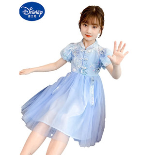 迪士尼（Disney）女童汉服连衣裙2023新款儿童洋气夏装大童装女孩夏季旗袍公主裙子 蓝色 110cm