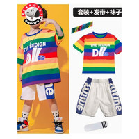 史努比六一儿童节啦啦队演出服男女童彩虹啦啦操表演服嘻哈潮牌街舞运动 D男彩虹条短袖+蓝边白短裤+彩色 130cm