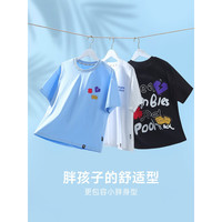小猪托尼TABE夏季男童中大童胖童儿童装趣味大落肩圆领短袖T恤加肥加大 后背大图案T黑 160 155-165高，110-130斤