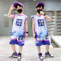 诺佳微淇童装男童运动套装儿童球衣两件套2023新款透气网眼篮球服速干夏装 紫色无袖 160码