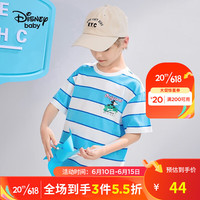 迪士尼(Disney)童装男童夏装针织条纹短袖T恤儿童时尚半袖上衣2023夏新款 蓝白宽条 130cm