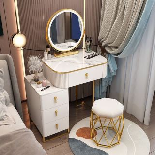 夏天小户型梳妆台收纳柜一体卧室现代简约小型轻奢高级网红化妆桌新款 小户白金 50cm桌+智能镜+柜+鸟巢椅