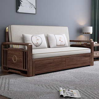 新中式实木沙发床多功能两用单人双人小户型客厅胡桃木伸缩推拉床