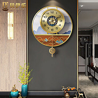 贝伊乐新中式铜挂钟客厅餐厅创意钟表轻奢现代时钟吊钟挂墙静音装饰时钟 山水画挂钟