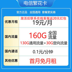 CHINA TELECOM 中国电信 繁花卡 2年内19元/月160G全国流量不限速