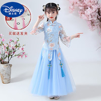 迪士尼(Disney)汉服女童春秋连衣裙高端旗袍套装小女孩春款儿童裙子春装古装夏季 2002蓝色+发夹 110cm