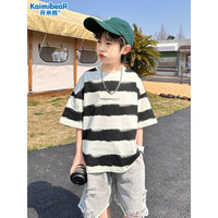 开米熊男童套装夏季2023新款夏装薄儿童短袖牛仔短裤男孩衣服潮帅气时髦 黑色 120码建议身高110cm左右