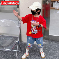 邻家米其男童套装夏装牛仔2023新款奥特曼2-6-8岁儿童装男孩夏季4小孩衣服 XT4036（T恤+中裤）-红色 120码建议身高120cm（5-6岁）