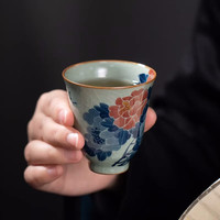 一品工坊老陶泥闻香杯手绘牡丹柴窑烧茶杯茶具全手工单杯青花釉下彩主人杯 手绘牡丹主人杯