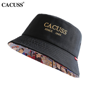 PLUS会员：CACUSS PM103帽子男女渔夫帽棉质遮阳防晒帽刺绣户外太阳帽盆帽 黑色中号