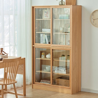 良工（lg）移门实木书柜全实木落地自由组合柜矮书柜橡木玻璃门推拉门书架 1米矮抽屉柜