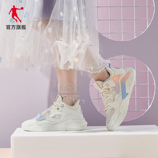 乔丹QIAODAN板鞋2023春季小白鞋潮流休闲鞋运动鞋网面滑板鞋女鞋 象牙色冰川蓝 35.5