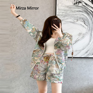 蜜莎蜜拉（Mirza Mirror）早春欧货潮牌短裤套装女夏2023新款连帽防晒服网红炸街运动两件套 浅绿印花套装 S