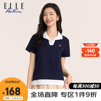 ELLE Active 时尚假两件翻领T恤衫女装2023夏季新款百搭简约拼色运动休闲上衣 藏青色 S