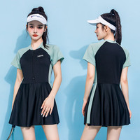 三彩马大码泳衣女160斤胖MM保守遮肚显瘦连体裙式泡温泉游泳衣 绿色 XL