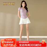 HUNNZ品牌网球服女套装夏季2023新款健身跑步运动服速干羽毛球裙套装女 粉紫+白色 M