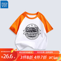 真维斯(Jeanswest)儿童T恤男童女童夏季新款时尚插肩撞色短袖夏天纯棉舒适透气上衣 橙 J篮球熊 160cm