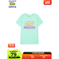 Skechers斯凯奇男女童T恤2023新款儿童中大童短袖休闲运动夏童装L223K037 丝兰色/011N 165cm