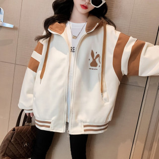 卡兔蓝猫（KATULANMAO）童装女童外套春秋棒球服12兔子拉链衫中大童女孩洋气连帽运动上衣 咖色 130cm