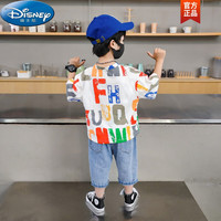 迪士尼(Disney)男童短袖套装2023新款儿童夏装洋气牛仔短裤宝宝时髦休闲两件套薄 白色上衣+裤子 110(身高100-110CM