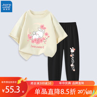 真维斯(Jeanswest)儿童短袖套装女童T恤半袖纯棉2023夏季衣服中大童时尚休闲两件套 米白J弯月樱花-黑J花朵小兔 100