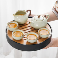 琦轩源米黄汝窑茶具套装家用轻奢功夫泡茶壶茶盘中式高档小套喝茶杯 黄汝故里吉祥壶6件套+忆心茶盘