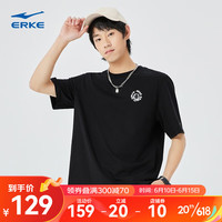 鸿星尔克短袖男夏季情侣新款宽松休闲舒适透气T恤男装t恤半袖 正黑 M