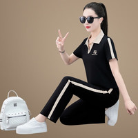 言楚雨尘 运动套装女夏2023新款时尚洋气短袖polo衫薄款休闲运动服两件套 黑色 XXL/建议体重120-130斤左右