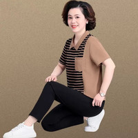 邦奥瑞达 中老年夏季运动服套装女新款妈妈夏装短袖t恤条纹上衣休闲两件套 摩卡色(上衣+裤子) L/建议90-105斤