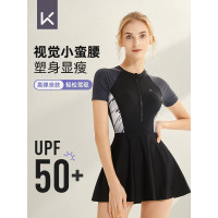 Keep游泳衣女款连体泡温泉显瘦遮肚保守女孩大码泳装 黑色 L