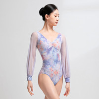 三沙（sansha）芭蕾舞服女 V领印花舞蹈连体服灯笼袖空中瑜伽练功服 多色/浅紫 S