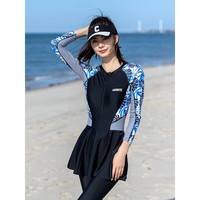 海鸣莎2023新款泳衣女防晒长袖长裤大码连体裙式温泉冲浪服专业运动泳装 黑色 M