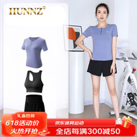 HUNNZ品牌网球服女套装夏季速干瑜伽健身服2023新款短袖短裤羽毛球服女 蓝黑三件套 2XL