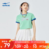 鸿星尔克短袖女夏季新款透气时尚印花女生t恤短款半袖休闲运动网球户外T恤 燕麦绿 3XL