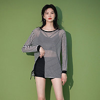 瑜品佳泳衣女士泡温泉遮肉肚保守运动显瘦连体游泳装备无钢托防晒 条纹三件套泳衣