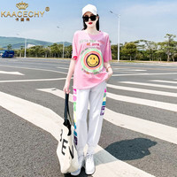 卡姿希(KAACECHY)品牌运动套装女夏季2023新款宽松韩版减龄洋气时尚短袖休闲跑步服 粉色上衣+白色裤子 S