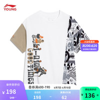 李宁 LI-NING童装男大童2023新品运动潮流系列宽松短袖文化衫YHST115 标准白黑白自然满印椒褐色-1 170